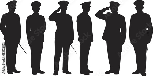 Military silhouette figures, uniformed personnel, saluting soldiers, black vector, peaked caps, long coats, baton pose, army icon, formal stance
