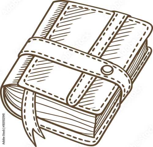 Vintage leather bound journal with strap and bookmark illustration, hand drawn sketch