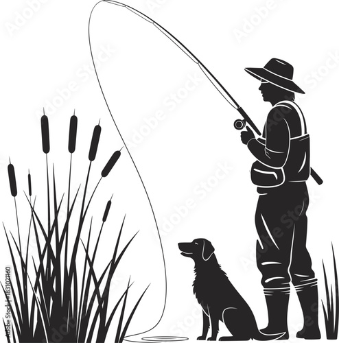 Fishing silhouette with dog, peaceful nature, outdoor activity, black vector, cattails, companionship, water scene, waders, rod, tranquil moment