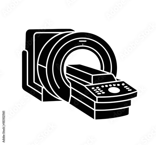 Comprehensive black and white CT scan machine perfect for healthcare promotions and medical industry advertising. Modern and professional design