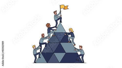 Diverse team achieving strategic success, demonstrating powerful collaboration and shared goal achievement on a stylized corporate growth pyramid.