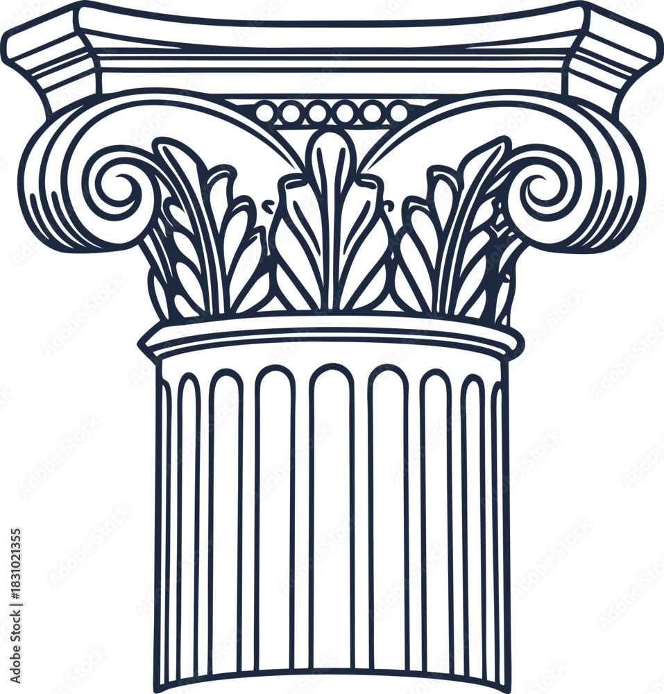 Naklejka premium Classical ionic column capital with acanthus leaves and volute scrolls in linear antique architectural design
