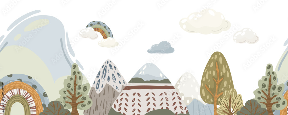 Fototapeta premium Mountain landscape seamless border, hand-drawn vector horizontal divider with trees, hills, and rainbows in neutral, muted colors for nursery wallpaper and banners.