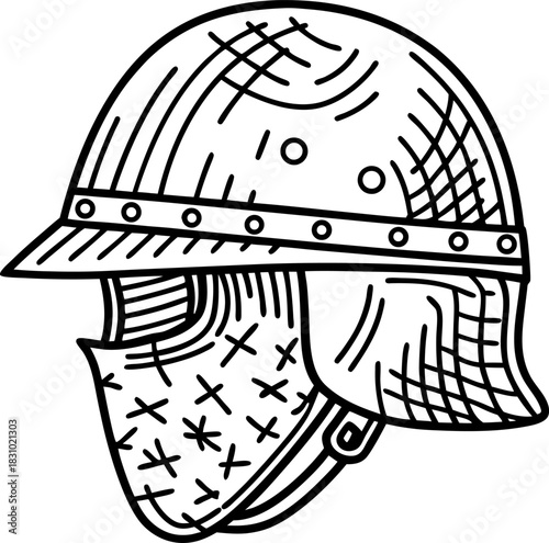 Medieval knight helmet with metal visor and protective face guard in vintage engraving
