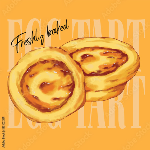Hand drawn freshly baked Egg tarts food illustration