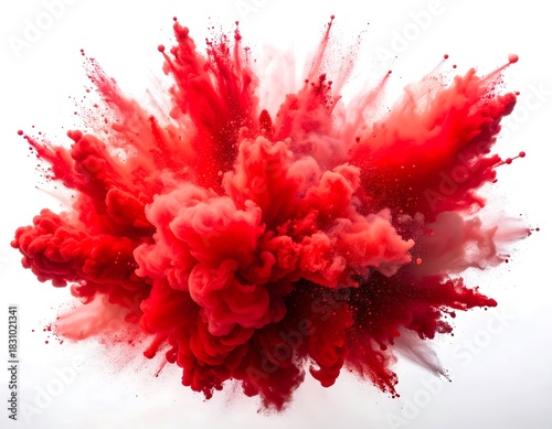 Burst of vibrant red powder explodes against a white background, creating a dynamic abstract cloud formation