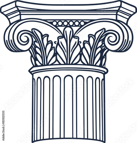 Classical ionic column capital with acanthus leaves and volute scrolls in linear antique architectural design