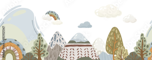 Mountain landscape seamless border, hand-drawn vector horizontal divider with trees, hills, and rainbows in neutral, muted colors for nursery wallpaper and banners.