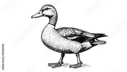 Black and white ink drawing of a duck standing on a white background, facing the left side