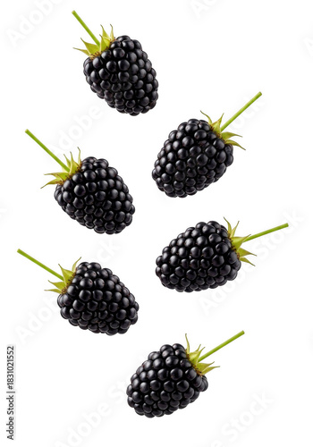 Several ripe blackberries falling isolated on transparent background