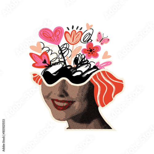 Retro halftone pop art collage featuring smiling woman's face adorned with florals, scribbles and butterflies. Vintage graphic design with creative newspaper texture and trendy female portrait style.