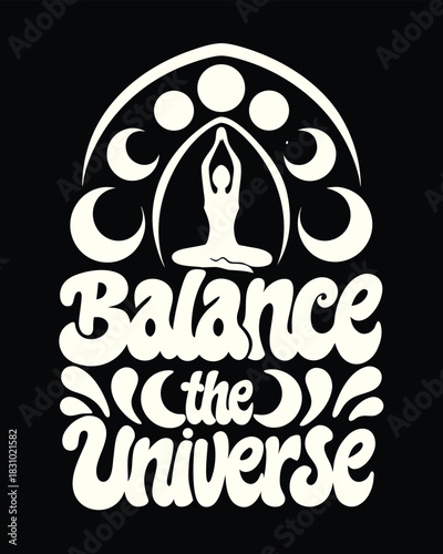 Balanced figure in lotus position centers the universe with moons and bold lettering