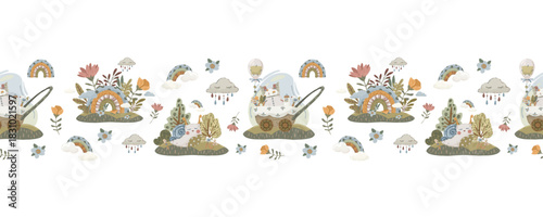 Baby carriage landscape seamless border, hand-drawn vector horizontal divider with stroller, flowers, and snail in boho style for nursery banners and decor.
