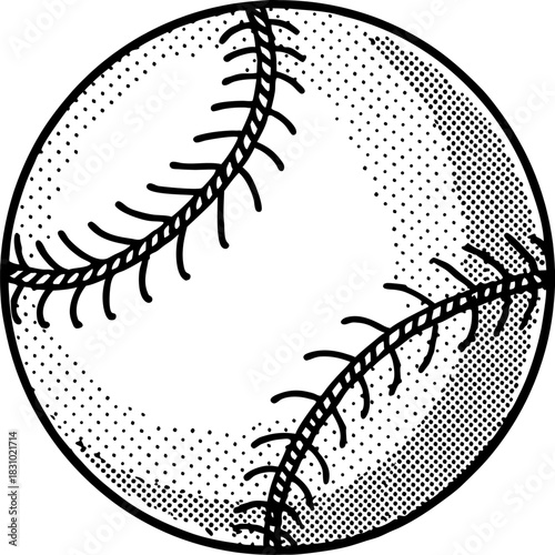 Detailed black and white baseball illustration with stitching, isolated vintage sports ball design