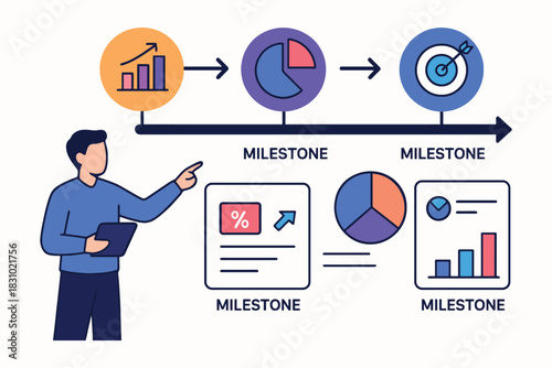 Business man presenting project milestones and progress with charts and graphs