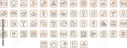 Restaurant Line Icons – Rounded Square Food & Beverage Outline Pack for Menus and Apps