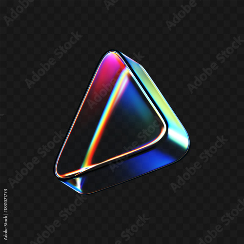 3D glass triangle with vibrant holographic glow and prism refraction isolated on dark background. Modern geometric element for digital music interface, y2k futuristic background. 3d vector figure