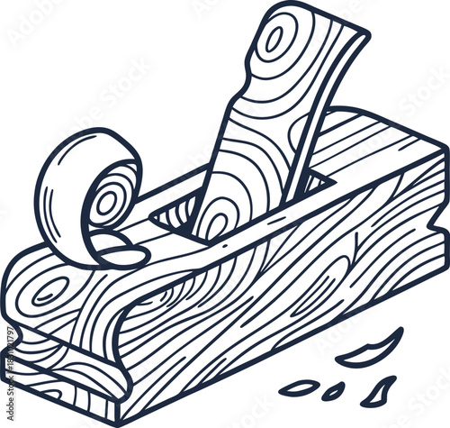 Wooden hand planer tool with wood grain texture and shavings carpentry instrument for woodworking craft