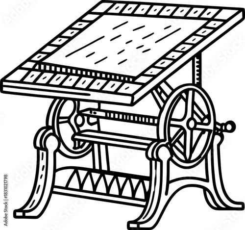Antique adjustable drafting table with mechanical crank and tilting wooden drawing surface