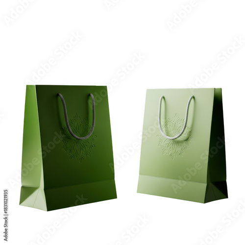 Two green paper shopping bags isolated on transparent background