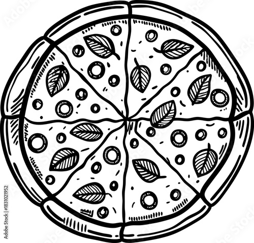 Hand drawn vegetarian pizza with basil leaves and sliced toppings in circular outline illustration
