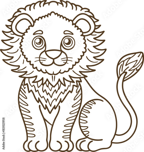 Cute lion cub sitting, outlined coloring page for kids with simple line art
