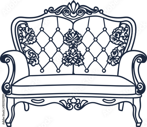 Vintage ornate sofa outline with floral upholstery and classic carved wooden frame