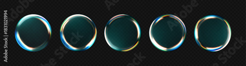 3D liquid glass sphere set with refraction and holographic effects, isolated on a dark background. Transparent water glass drops rendered with dispersion, rainbow gradients. 3D vector morphism