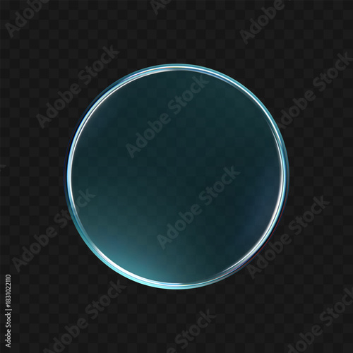 3d crystal glass disc with soft holographic effect isolated on dark background. Render of transparent glass button, podium or mirror with neon gradient texture. 3D vector UI figure for tech interface