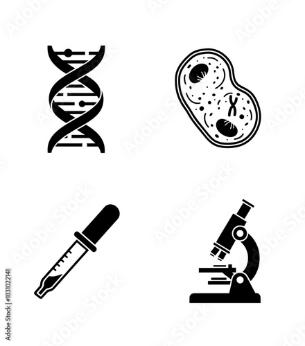 Science research icons for genetics and microbiology in modern black and white medical presentation are perfect for biotech and healthcare companies
