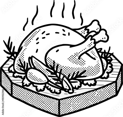 Roasted whole chicken on wooden board with herbs hot cooked poultry meal illustration