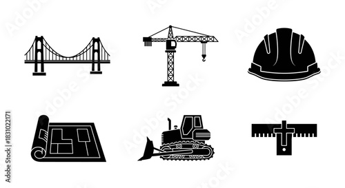 Construction icons featuring bridge, crane, hardhat, blueprint, bulldozer, and level, perfect for engineering and building industry projects