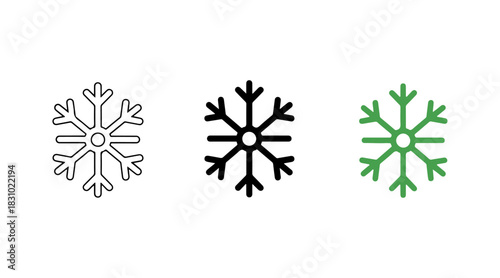 Snowflake icons set: outline, solid black, and green symbols for winter, cold, and freezing