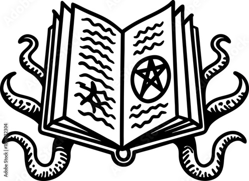Ancient occult spellbook with pentagram symbols and tentacles, dark magic ritual concept