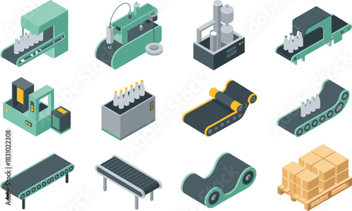 Isometric factory equipment, conveyor belts, packaging machines, robotic arms, industrial process, automation, manufacturing system, vector set, production line, facility layout