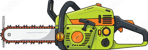 Chainsaw, tool, illustration, machinery, cutting, wood, guide bar, chain, handle, knob, stylized, colorful, vector, equipment, mechanical, orange, green, educational, realistic, power