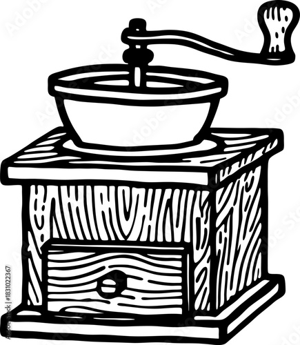 Vintage wooden manual coffee grinder with hand crank and drawer, retro kitchen utensil illustration