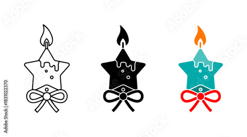 Elegant star shaped candle icons set, three distinct styles, outline, solid, and vibrant color vector art illustration design elements for celebrations.