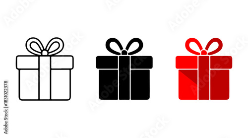 Gift box icon set with outline, solid black, and modern red versions for celebration, holidays
