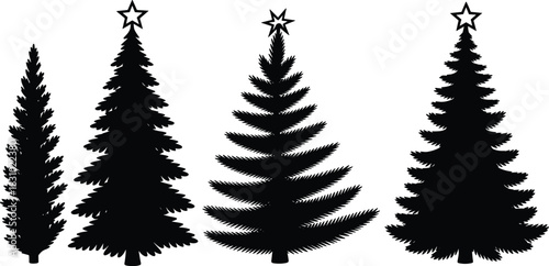 Christmas tree silhouette vector, black pine tree icon, festive holiday decoration, star topped tree design, seasonal graphic illustration