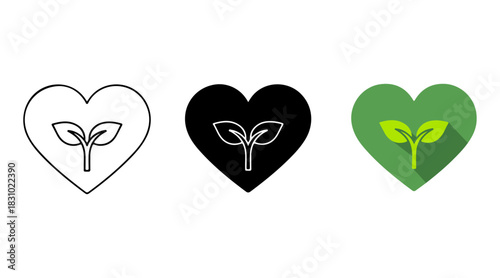 Growth heart icons set representing nature, eco-friendly living, health, and sustainability concepts