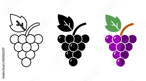 Grape icon set: outline, solid glyph, and vibrant flat design styles, perfect for fresh fruit themes.