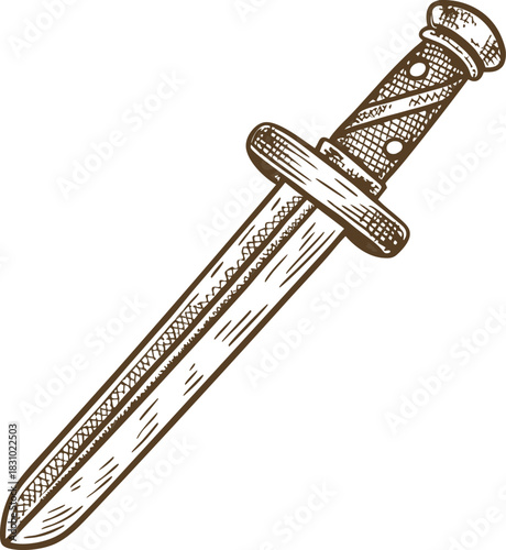 Vintage dagger illustration with ornate handle and double edged blade isolated on white background
