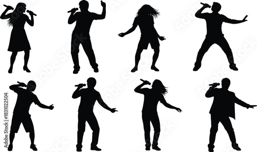Collection of black silhouettes showing male and female singers performing. People holding microphones, singing, and dancing. Vector set isolated.