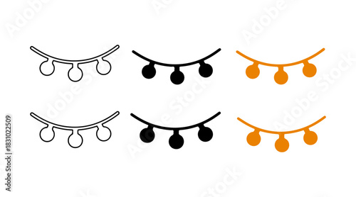 String lights vector icon set, outline, filled black, and orange decorative garland symbol collection