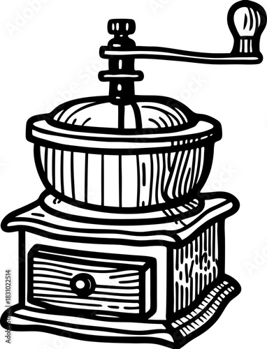 Vintage manual coffee grinder with wooden box, metal crank handle and rustic kitchen utensil design