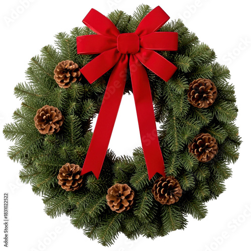 Christmas wreath with red bow and pinecones isolated on transparent background