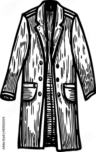 Long overcoat illustration vintage hand drawn coat sketch, classic outerwear garment fashion design