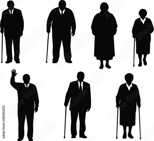 Collection of senior citizen silhouettes showing elderly men and women, some with walking canes, one man waving. Vector set.