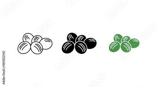 Set of pea or bean icons: outline, filled black, and vibrant green illustrations for various designs